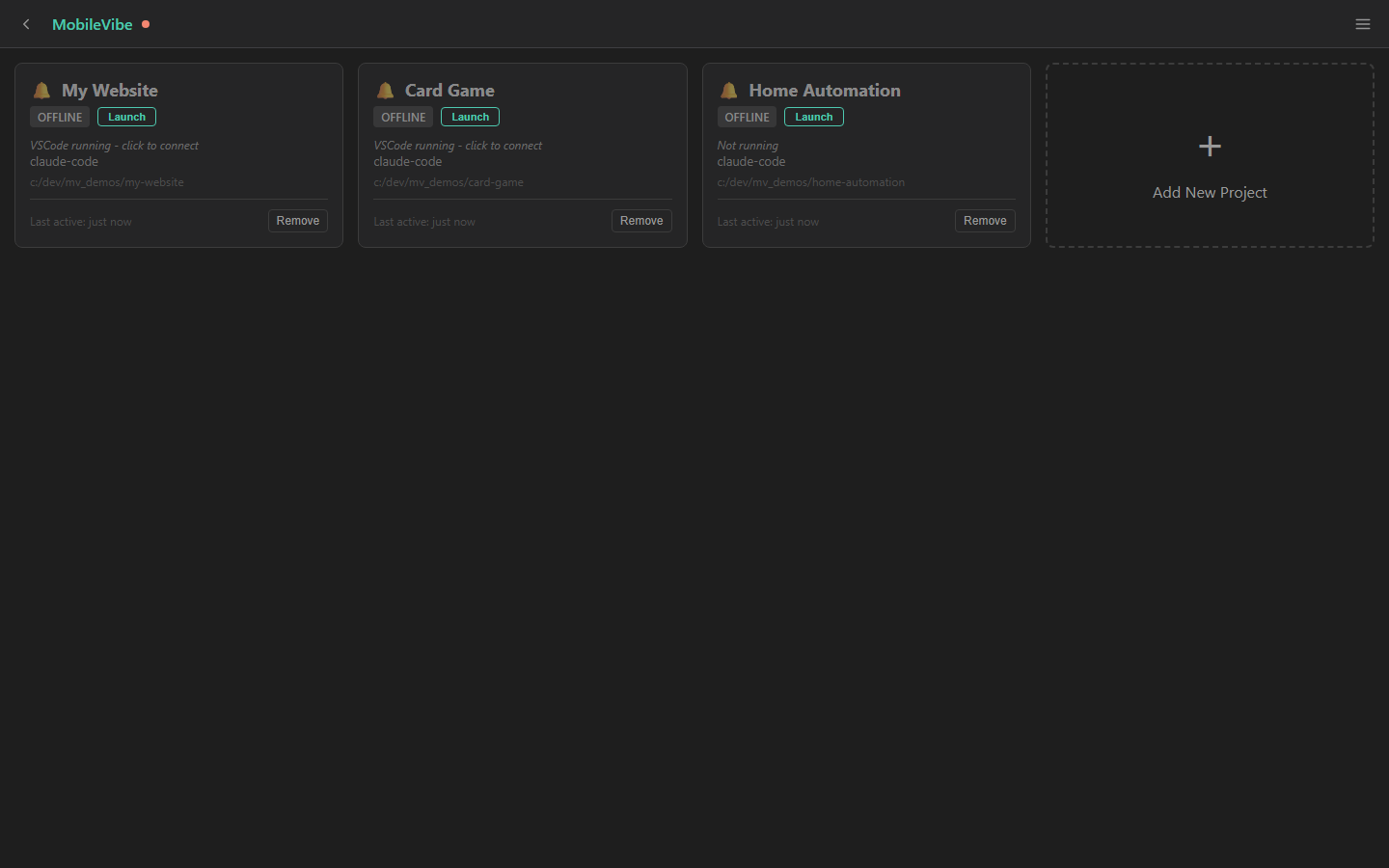 Project dashboard showing three project cards