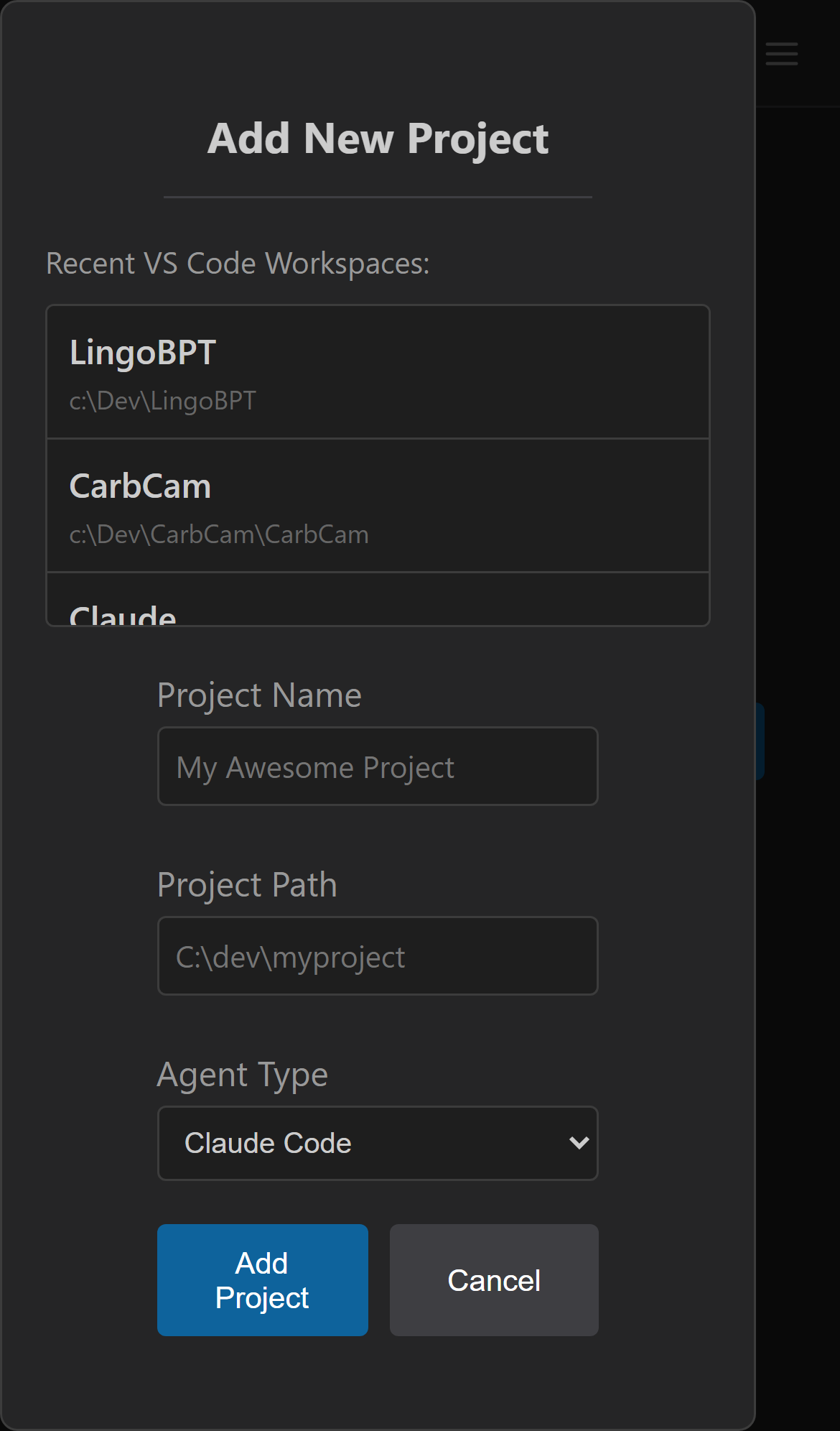 Add New Project dialog with name, path, and agent fields