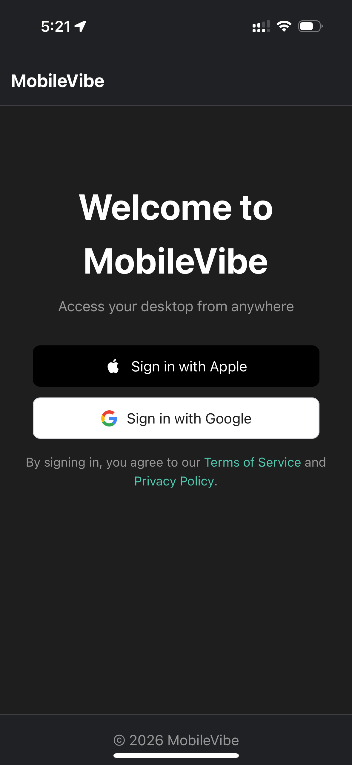 MobileVibe sign-in screen with Apple and Google options