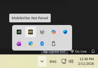 Windows system tray showing MobileVibe icon with Not Paired tooltip